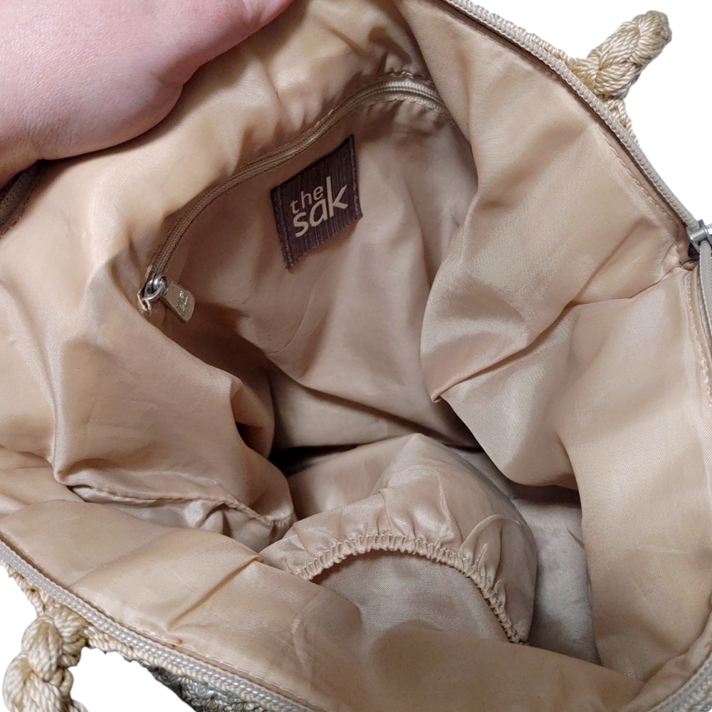 The Sak Beige Tan Pink Striped Knit Crochet Large Boho Tote Bag Handbag Purse - Picture 7 of 8